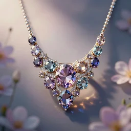 intricate! organic, nordic wedding ring, necklace, gemstones, isolated on a dreamy floral background, refraction, occlusion, lower and upper levels, keyshot render, octane render, vray render
