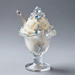 an ice cream sundae made out of gems, high clarity gems, elegant and ornate,