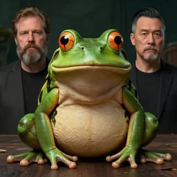 hyperrealistic mixed media image of a bullfrog disguised as info wars alex jones, stunning 3 d render inspired art by greg rutkowski and xiang duan and thomas eakes, perfect symmetry, flesh texture, realistic, highly detailed attributes and atmosphere, dim volumetric cinematic lighting, 8 k octane detailed render, post - processing, masterpiece,