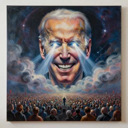 large abstract painting of giant grinning evil dynamic Joe Biden head emerging from cosmic clouds at giant immense crowd of person army, trending on ArtStation, masterpiece, by Ciurlionis, octane, lightbeam eyes, oil on canvas, moody lighting, lights beaming out of eyes, cinematic, professional environment concept art