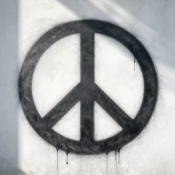 hyperrealistic rendering on very beautiful white wall with beautiful contrast of light and shadow and very dirty graffiti peace, professional foto, 3 5 mm