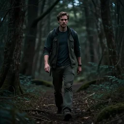 a professional photographic picture of a man walking in tthe dark woods with dramatic lights, realistic hyperdetailed 8k ultradetail cinematic