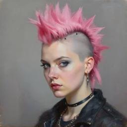 a detailed portrait of pretty cyberpunk woman with a mohawk by edouard bisson, pink hair, punk rock, looking at the camera, oil painting, muted colours, soft lighting