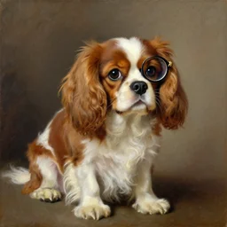 a monocle cavalier king charles spaniel with a monocle, wearing a monocle, monocle monocle monocle!!!, dignified aristocrat, oil on canvas
