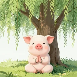 “ a cute pig, meditating like buddha, large willow tree in the background. ”