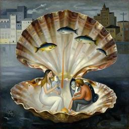 a city with fish citizens inside the seashell, by jacek yerka by magritte, surrealistic painting, masterpiece, oil painting, sharp focus, highly detailed, intricate, smooth, 8 k,