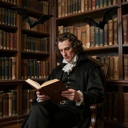 enormous library, dracula sits reading, bats, jean - baptiste monge