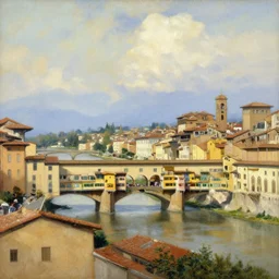 italian city on a river in a valley, oil painting