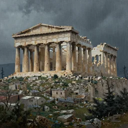 the very beautiful matte photorealistic painting of greek acropolis in cyberpunk style, rain, cinematic dramatic lighting, trending on artstation