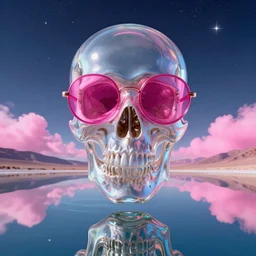 a giant clear glass skull with pink round sunglasses, floating high above a mirrored glass smooth lake, distant luminescent pink clouds, sky full of stars aticama desert hyper realistic, fractal algorightmic art, art station, coherent design, symmetrical, vivid color, complementary color, golden ratio, detailed, sharp lines, intricate, rainbowshift, in unreal 3 d engine, nvidia optix, ray tracing, octane render