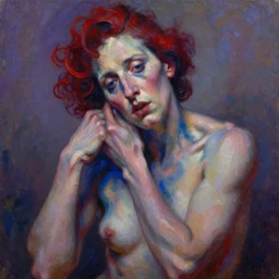 highly detailed and textured painting of a deformed anatomical portrait, emotionally expressive, artistic pose, highly detailed impasto oil painting, soft light 1 6 k, red, blue, and purple colour palette, cinematic composition, cinematic lighting, sharp focus, masterpiece by adrian ghenie and jenny saville and alphonse mucha and gustav klimt