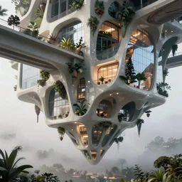 highly detailed futuristic upside down architecture by Le Corbusier, reflective lighting, stylized vegetation, sky bridges, ground-level view, foggy atmosphere, stunning sunny lighting, sunrise, vivid colors, in the style of pixar animation, trending on Artstation, 8k, matte painting, ray tracing, hyper detailed, unreal engine 5, cinematic, epic lighting, cryengine, octane render, cyberpunk, red and orange glow, vibrant