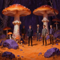 an oozy mushroom forest by simon stalenhag and gillis rombouts and greg rutkowski and beeple and anton fadeev, hyperrealism!, orange sand, purple rocks, chiaroscuro!!!!, tonalism!, desaturation, high contrast, vibrant!, highly detailed, volumetric lighting