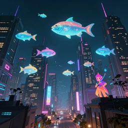 Wide angle shot of a cyberpunk city with neon lights and holographic fishes floating in the sky by Petros Afshar and Beeple, James Gilleard, Mark Ryden, Wolfgang Lettl highly detailed