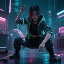 Subject performing Action with Object at Place. Cyberpunk.