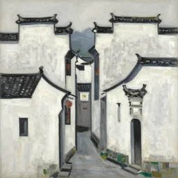 a painting of abstract buildings like hongcun ancient village houses by yves tanguy, thick outlines