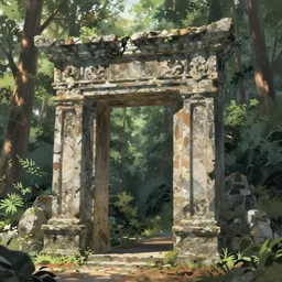 concept art painting of a single free standing ancient stone archway, in the woods, realistic, detailed, cel shaded, in the style of makoto shinkai and greg rutkowski and james gurney