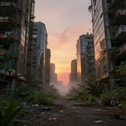 ground level, brutalist buildings, abandoned, empty streetscapes, overgrown jungle, natural volumetric light, mist, sunset, rusted steel, concrete, glass, stunning skies, scattered rubbish and debris, 8 k, finely detailed, unreal engine, imax, cinematic, beautifully illustrated, sharp focus, minimal artifacts, doom, greg rutkowski, artstation