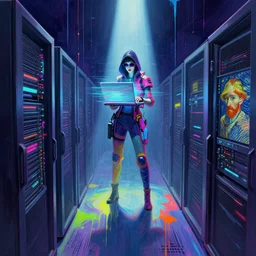 a vision of vast cyberspace, a distant female hacker with a laptop glitching through a vulnerable server, wearing sunglasses, futuristic clothes, vibrant colors, rule of thirds, spotlight, drips of paint, expressive, passionate, by greg rutkowski, by jeremy mann, by francoise nielly, by van gogh, digital painting
