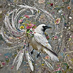 a white raven with long feathers and flowers in them, flower petals flying around in the background, art by James Jean and Wayne Barlowe, high detail, cinematic, cgsociety 8k