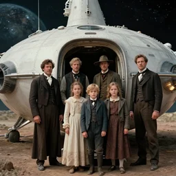 sharp, 70mm still from a sci fi blockbuster movie made in 2022, set in 1860, of a family leaving a spaceship, that has just landed on an alien planet, wearing 1850s era clothes, good lighting, 4k, HD, in focus faces, oscar winner, 35mm macro lens