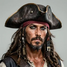 personage portrait of a pirate in a pirate hat, tanned, with a gray beard, concept art, realistic, 4 k resolution