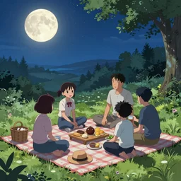 moonlight picnic, extremely detailed, sharp focus, wide view, full body shot, smooth, digital illustration, by james jean, by rossdraws, frank franzzeta, mcbess, sakimichan, brosmind, steve simpson