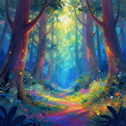 magical forest with colorful particles and vibrant color, it brings happiness, trending on artstation