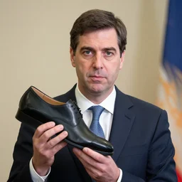 finance minister jim flaherty wearing a suit and necktie is holding a black shoe, staring intensely at you