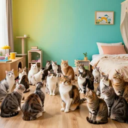 color studio photo of a cats filled floor to ceiling in a bedroom