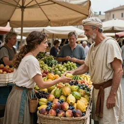 woman at a marketplace in ancient rome buying fruit from a merchant, hyper realistic, by conrad roset and ruan jia and michael garmash and james gurney and bussiere.