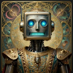 retro boxy robot, lcd mouth, glowing blue green eyes, detailed realistic surreal groovypunk robot in full regal attire. face portrait. art nouveau, symbolist, visionary, baroque, giant fractal details. horizontal symmetry by zdzisław beksinski, iris van herpen, raymond swanland and alphonse mucha. highly detailed, hyper - real, beautiful