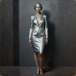 detailed full body portrait in strong femininity, ethnic, realistic face sculpted features, statuesque model, svelte business attire, cool cast, bathed in silvery light, filmic, chiaroscuro, specular highlights, angular impressionism, radiosity, deep rich tones, contemporary art, oil on canvas