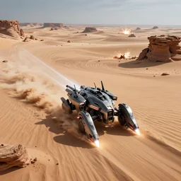 armored core v running across the open desert, booster flares, laser beam, explosion, empty desert, sand, karst landscape ; wide shot scifi, dynamic contrast, glowing lights intricate elegant, digital painting, artstation, concept art, smooth, sharp focus, illustration ; art by artgerm and greg rutkowski and alphonse mucha, singularity