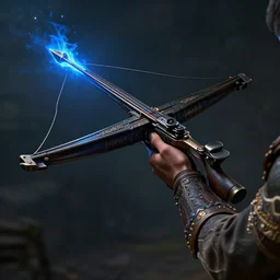 a wrist mounted crossbow with blue fire inside the bolt, fantasy style, dramatic lighting, cinematic, establishing shot, extremely high detail, photo realistic, cinematic lighting, post processed, concept art, artstation, matte painting, style by eddie mendoza, raphael lacoste, alex ross
