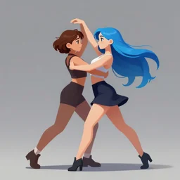 a girl with short brown hair and a girl with long blue hair dancing together, trending on artstation