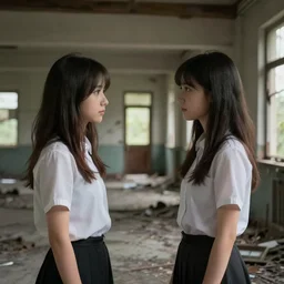 a time travelling woman meeting her younger self inside an abandoned bulding