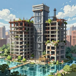 a beautiful very detailed anime illustration of city urbex elevator nature building unfinished building industrial architecture by pieter bruegel the elder, lake made of glass, archdaily, wallpaper, highly detailed, trending on artstation.