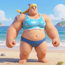 thick roided strong zarya from overwatch wearing a her promotional summer skin, robust body, centered, reflections, by ayami kojima, greg staples, pino daeni, highly detailed, hd, sharp focus, beach