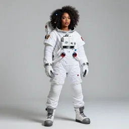 full body shot of black woman in an astronaut suit with a celestial afro, pin-up style by Artgerm, realist, trending on artstation