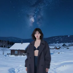 portrait of a beautiful girl in a coat and bra, snow - covered small house, night, stars in the sky, the milky way in the sky, winter landscape, painting by craig mullins, octane rendering, wide angle lens, in the style of hayao miyazaki, trending on artstation,