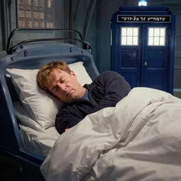 Dr Who asleep beside the Tardis in the style of John Sumrow