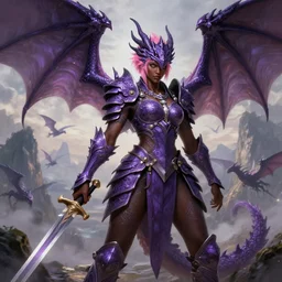 full portrait of a alluring dragon master, female, intricate purple armor, dragon - themed, sprouting wings, dark brown skin, short pink hair, swords, battle pose, background filled with mountains and flying drakes, derriere pose, epic, highly detailed, extremely detailed face, high fantasy, single character!, digital painting, by artgerm and greg rutkowski and alphonse mucha, artstation