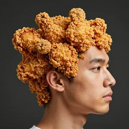 a photo of a human head merged with fried chicken, morphing fried food merging skin fried, crispy fried chicken
