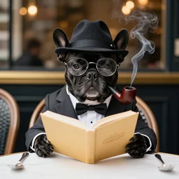 a portrait picture of a black french bulldog wearing a dinner jacket wearing a hat and reading glasses, smoking a pipe sitting at a table at a french cafe cinematic symmetric