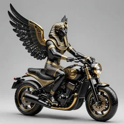fine art statue of black egyptian man on a surrealist motorbike, ebony art deco, carved black marble, inlaid with ebony and gold accents, ebony rococo, wings black lace wear, spider zero, zaha hadid, beautifully lit, hyper detailed, intricate, elite, ornate, photorealistic, micro details, 3 d sculpture, ray trace