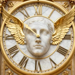 Giant marble and gold clock face with a marble human face in the center and rigid gold wings on its sides, digital art