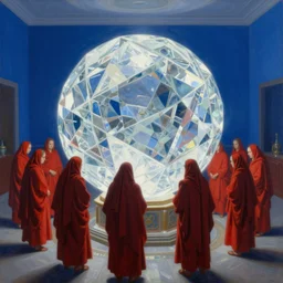 worshippers in red robes huddled around a very complex gigantic reflective glowing glass crystal tesseract orb violently illuminating a small room, very bright white light, small room, enlightening, high detailed beksinski painting, part by adrian ghenie and gerhard richter. masterpiece, deep colours, blue, bright white