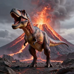 a single tyrannosaurus rex roaring, in front of volcano spewing lava, volumetric lighting, perfect symmetry, hyperdetailed 3 d, hyperrealism, hyperrealistic, cinematic, cgsociety, 8 k