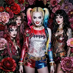 a punk portrait of margot robbie harley quinn between embellished pattern and huge flower bushes,by tom bagshaw,marie spartali Stillman,Ekaterina Belinskaya,William Morris,Oleg Turchin,trending on pinterest,dark fantasy,maximalist,glittering,feminine